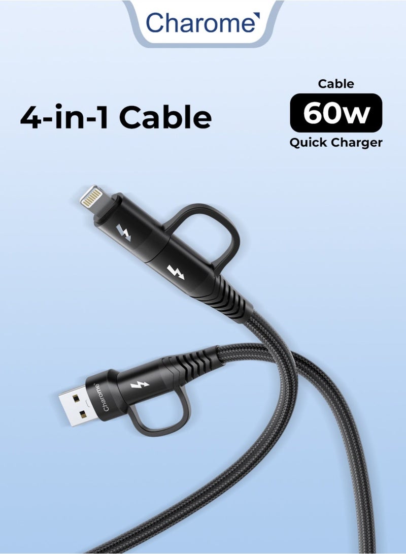 Charome C24 4-in-1 Heavy-Duty Aluminum Alloy Charging Data Cable Fast Charging, Durable Build, Tangle-Free Design, Universal Compatibility, Enhanced Data Transfer, Multiple Connectors - Image 1